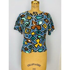 Vintage United Colors Of Benetton Cropped Henley Size Medium Abstract Crazy AOP